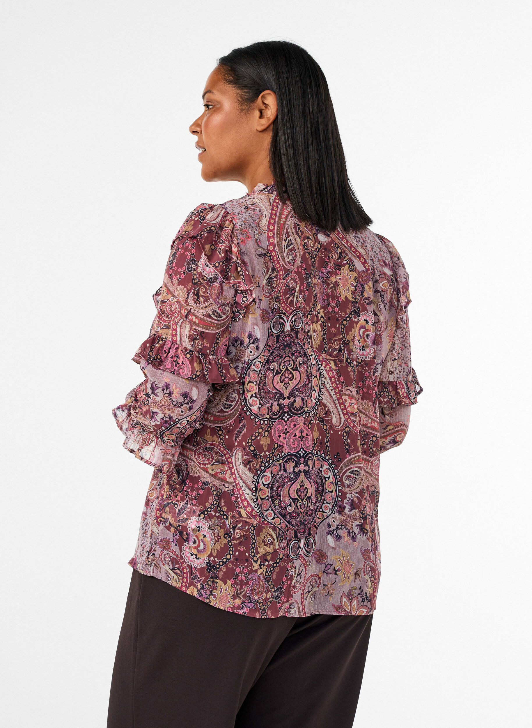 ZizziBluse med paisley-trykk og volangdetaljer, Lilla, Model image number 2