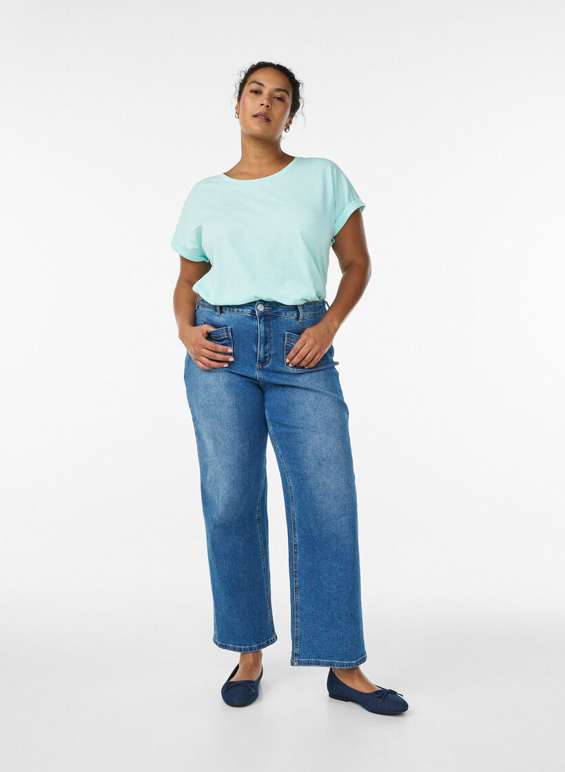 Kortermet T-skjorte i bomullsblanding, Turkis, Model image number 1