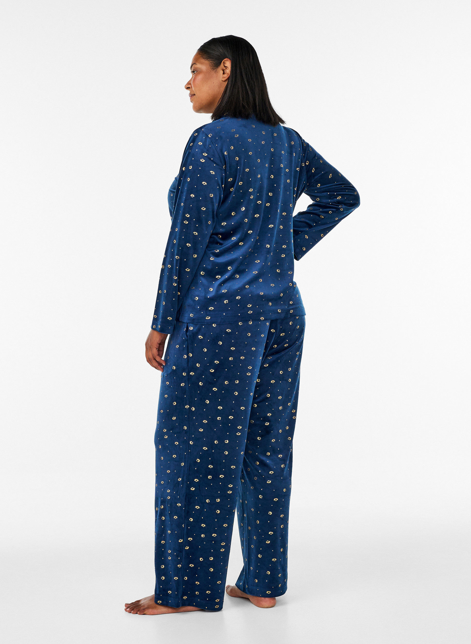 ZizziVelourpyjamasbukser med heldekkende trykk, Bl&aring;, Model image number 1