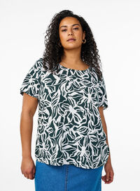 FLASH - Kortermet bluse i viskose med trykk, Grønn FLASH - Kortermet bluse i viskose med trykk, Grønn, Model