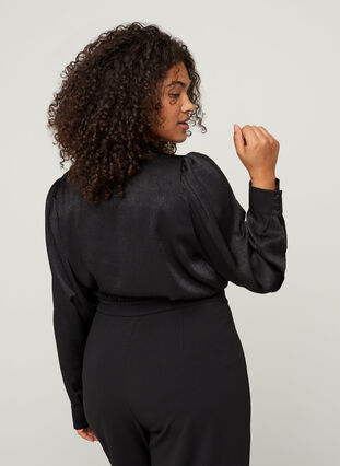 Skjorte med struktur og lange puffermer, Black, Model image number 1