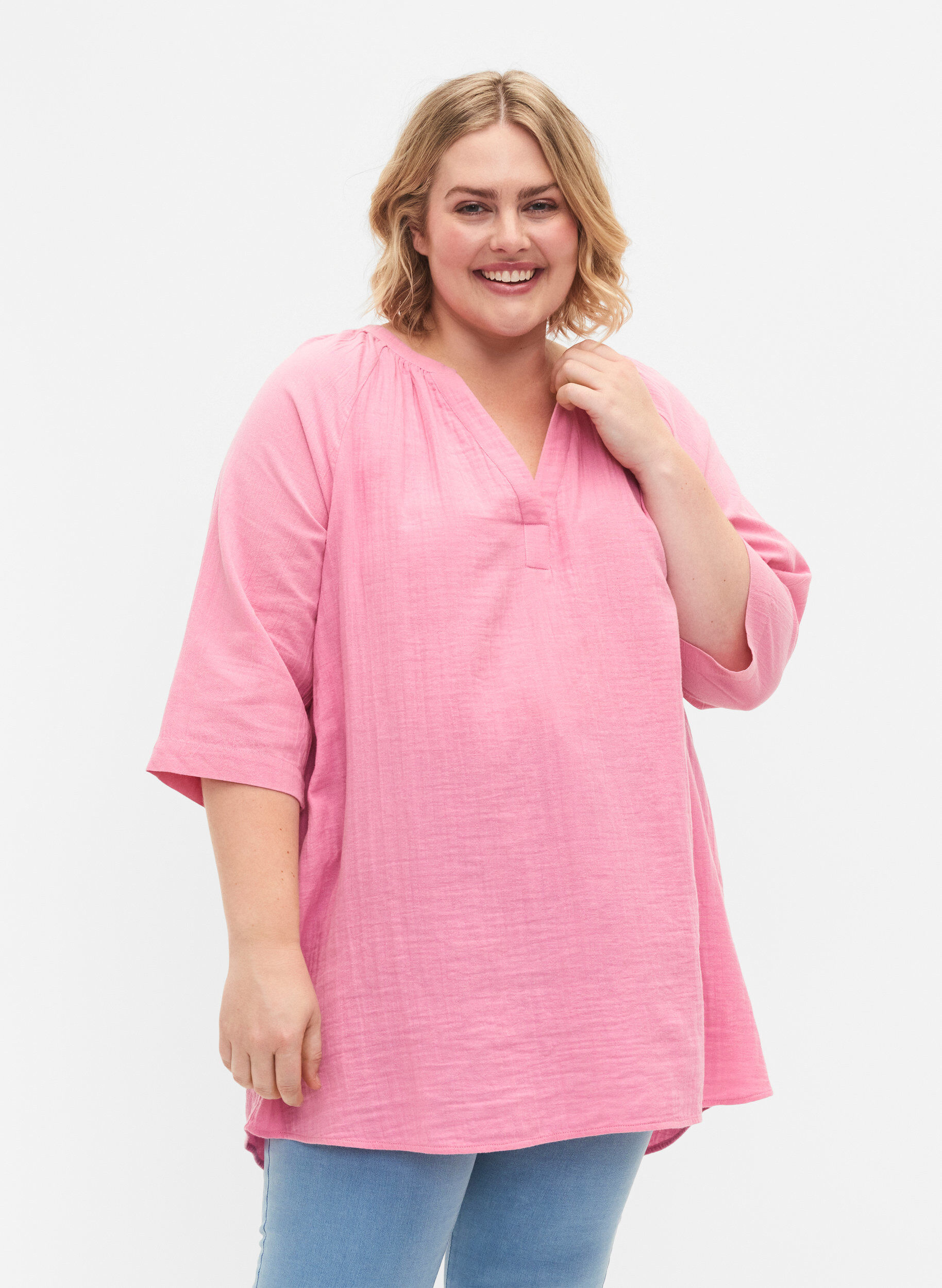 Zizzi Tunika i bomull med 3/4-ermer, Rosebloom, Model image number 0