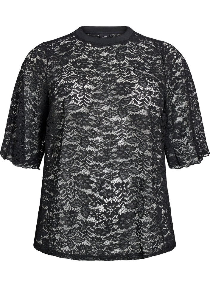 Bluse med blonder, korte ermer og rund hals, Black, Packshot