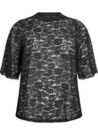 Bluse med blonder, korte ermer og rund hals, Svart Bluse med blonder, korte ermer og rund hals
