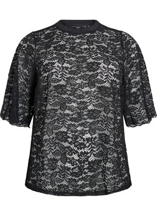 Zizzi Bluse med blonder, korte ermer og rund hals, Svart, Packshot image number 0
