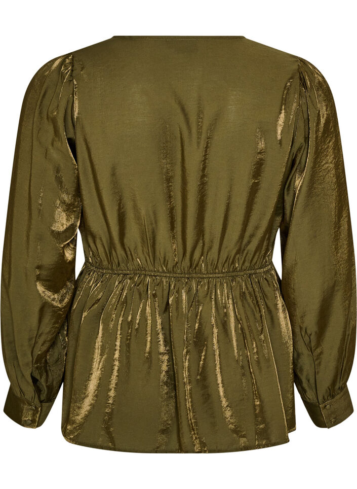 Skinnende viskosebluse med peplumeffekt, Gr&oslash;nn, Packshot image number 1