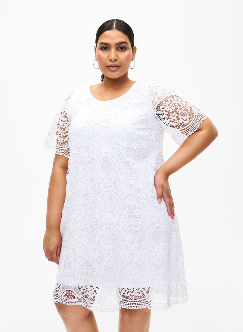 Kortermet festkjole med blonder, Bright White, Model image number 0