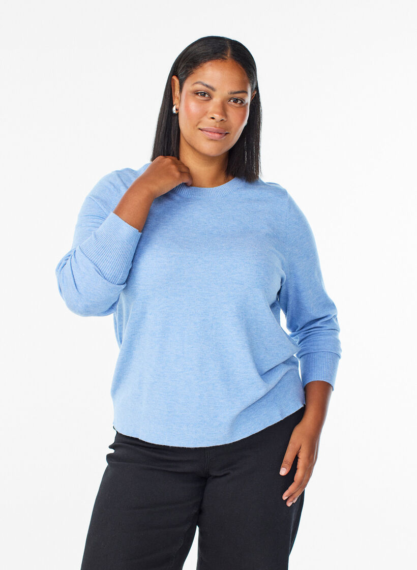 FLASH – strikket bluse med rund hals, Blå, Model image number 0