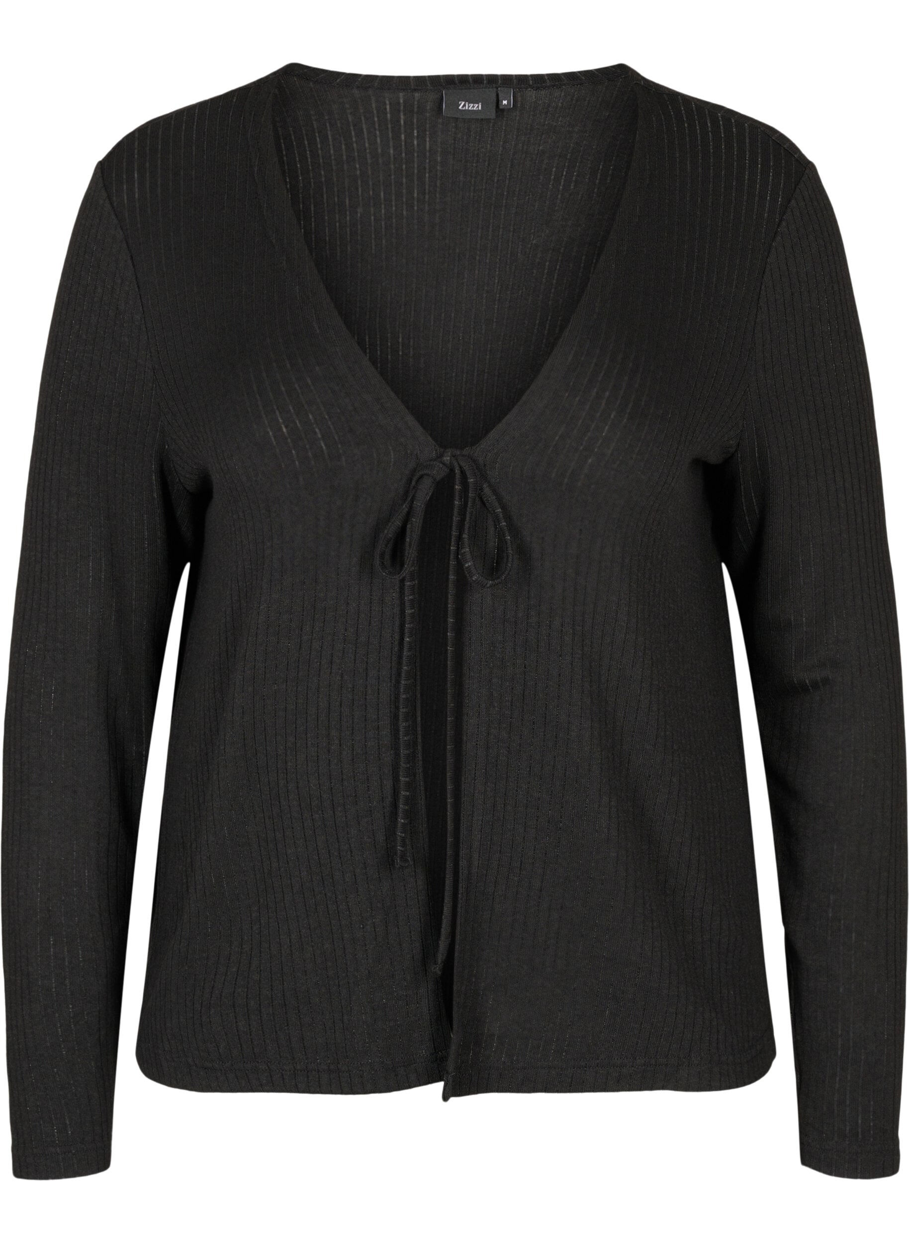 Zizzi Ribbet cardigan med knyting, Black, Packshot image number 0