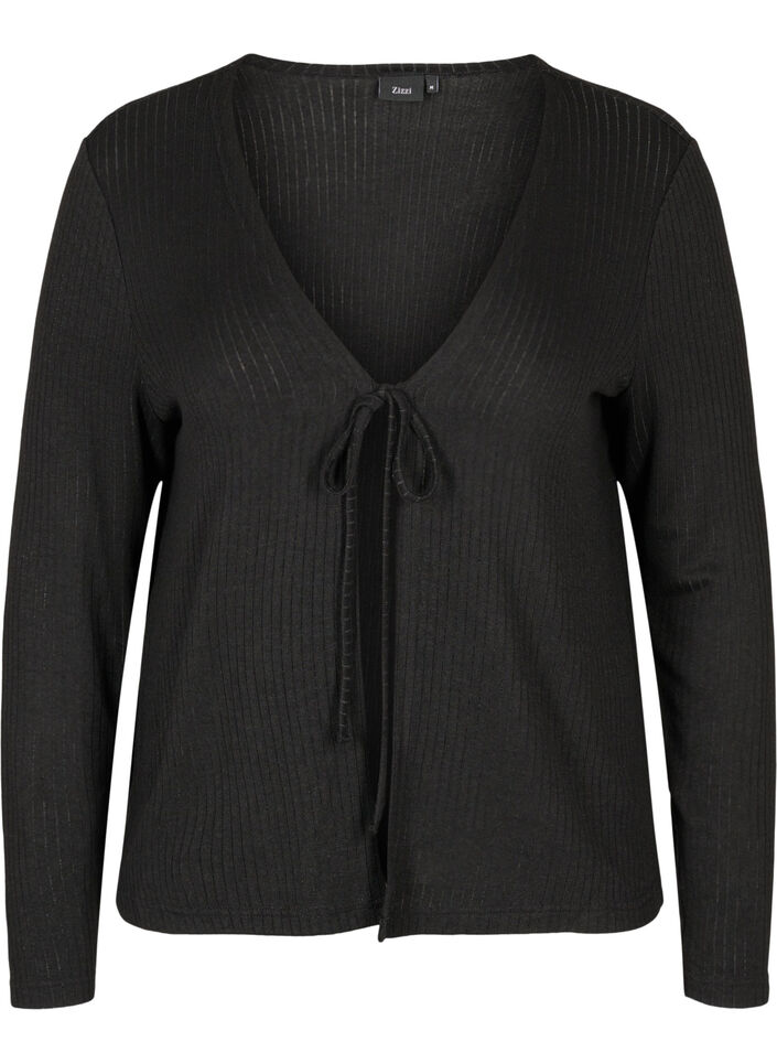 Ribbet cardigan med knyting, Black, Packshot image number 0