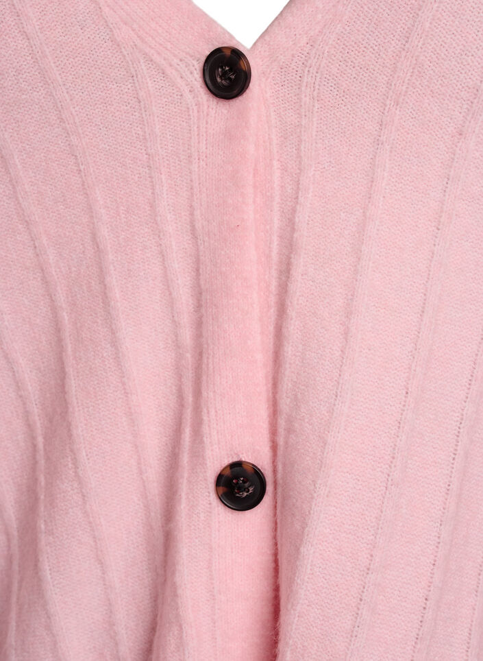 Cardigan med ribbet tekstur og ballongermer, Rosa, Packshot image number 2