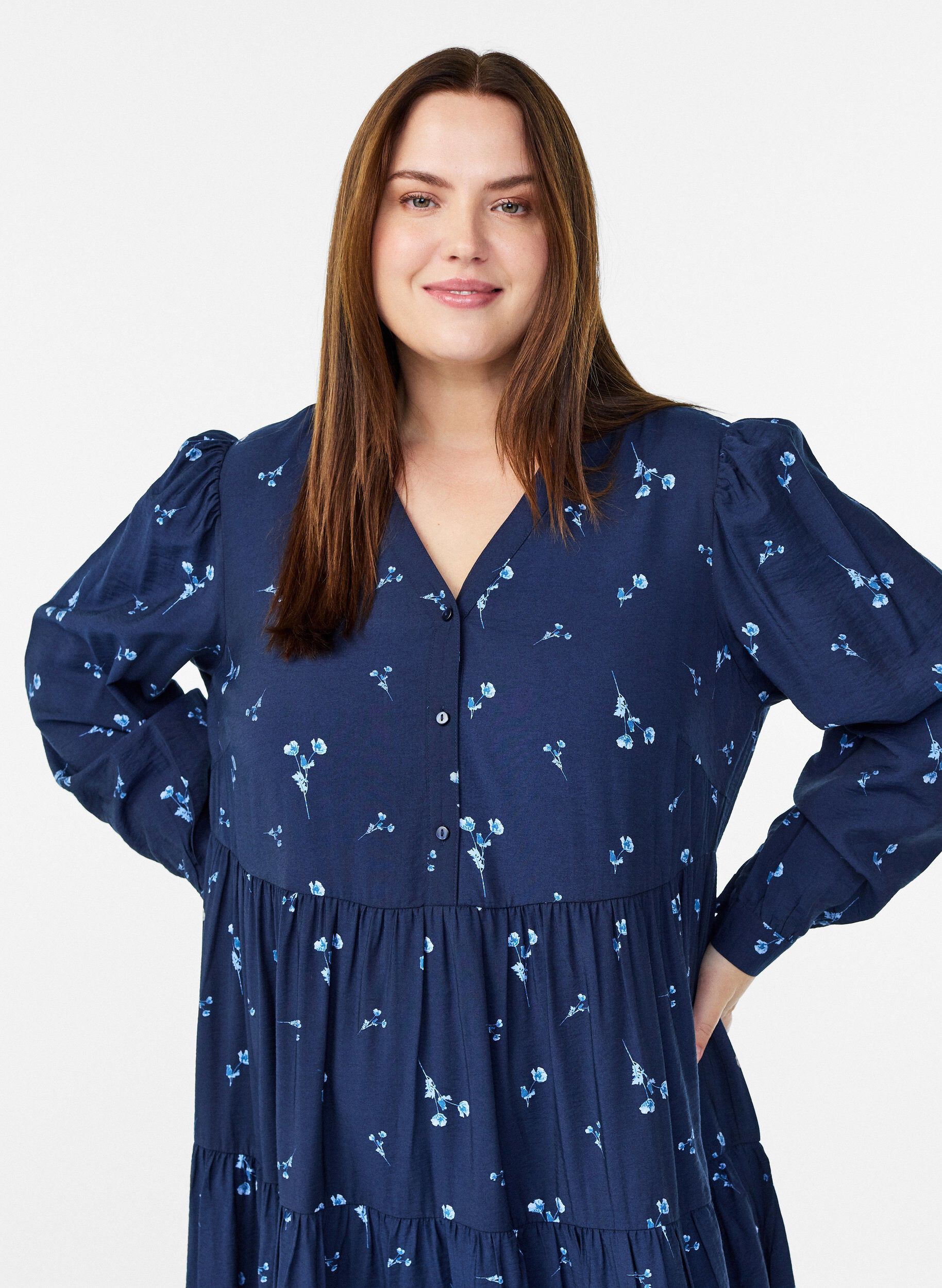 Zizzi Midikjole med v-hals og A-linjeform, Bl&aring;, Model image number 2