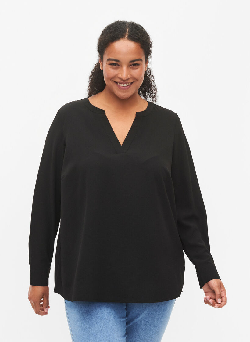 Bluse med lange ermer og blondedetaljer , Black, Model image number 0