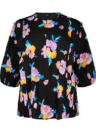 Blomstret bluse med rund hals og glidelås, Black w. Flower AOP