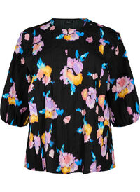 Blomstret bluse med rund hals og glidelås, Svart Blomstret bluse med rund hals og glidelås