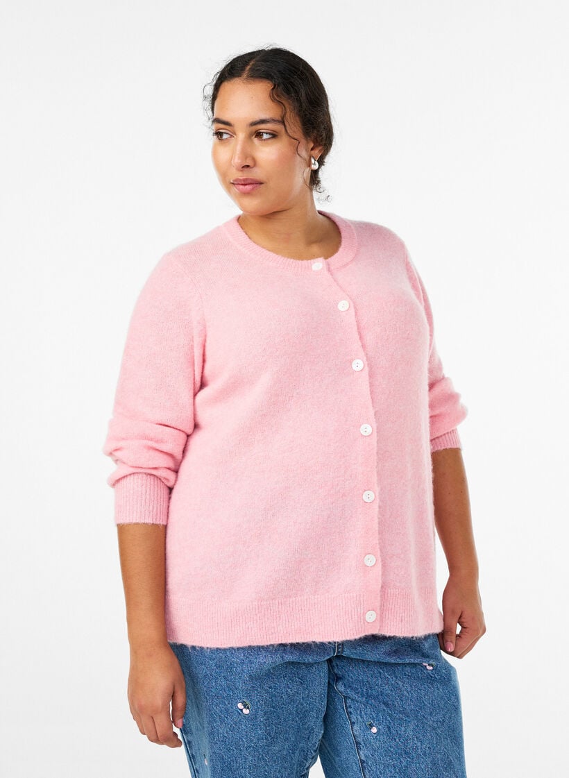 Strikket cardigan med ull og knapper, Rosa, Model image number 0