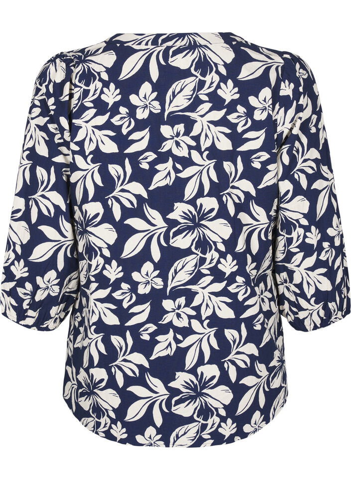 3/4-ermet bomullsbluse med trykk, Naval Academy Flower, Packshot image number 1
