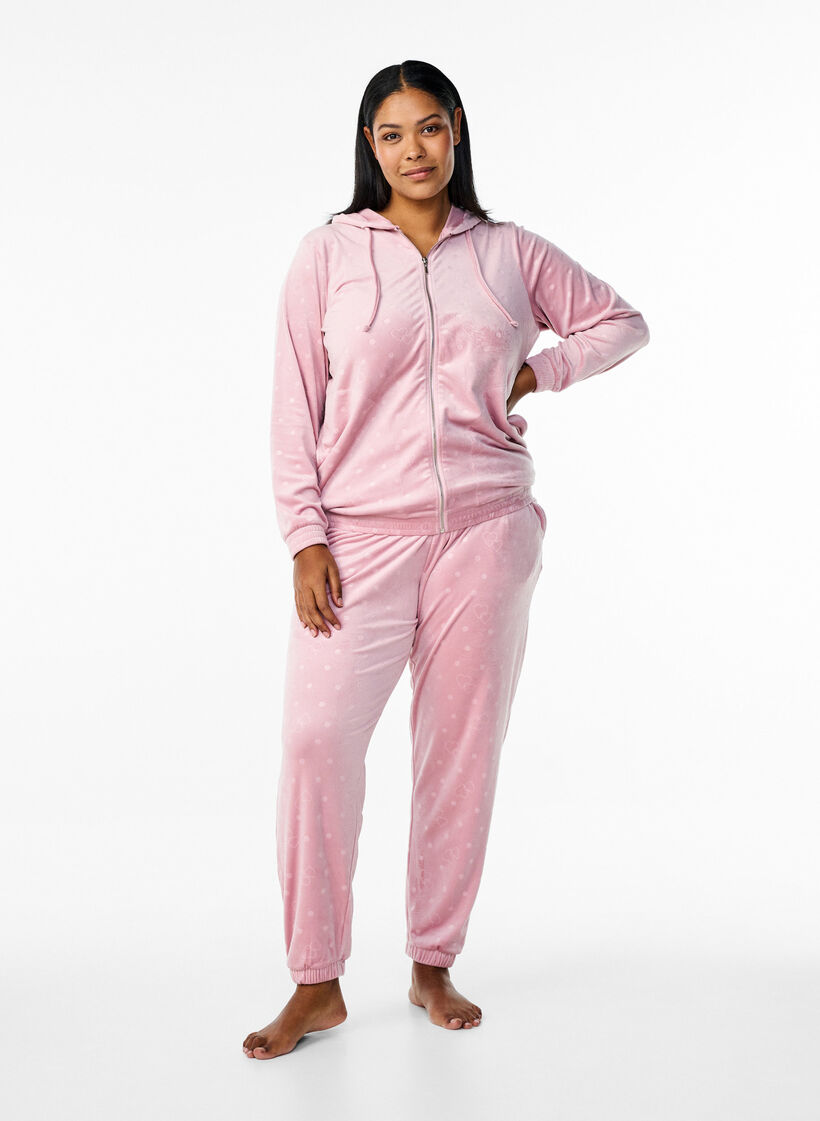 Velour cardigan med hette og lommer, Rosa, Model image number 1