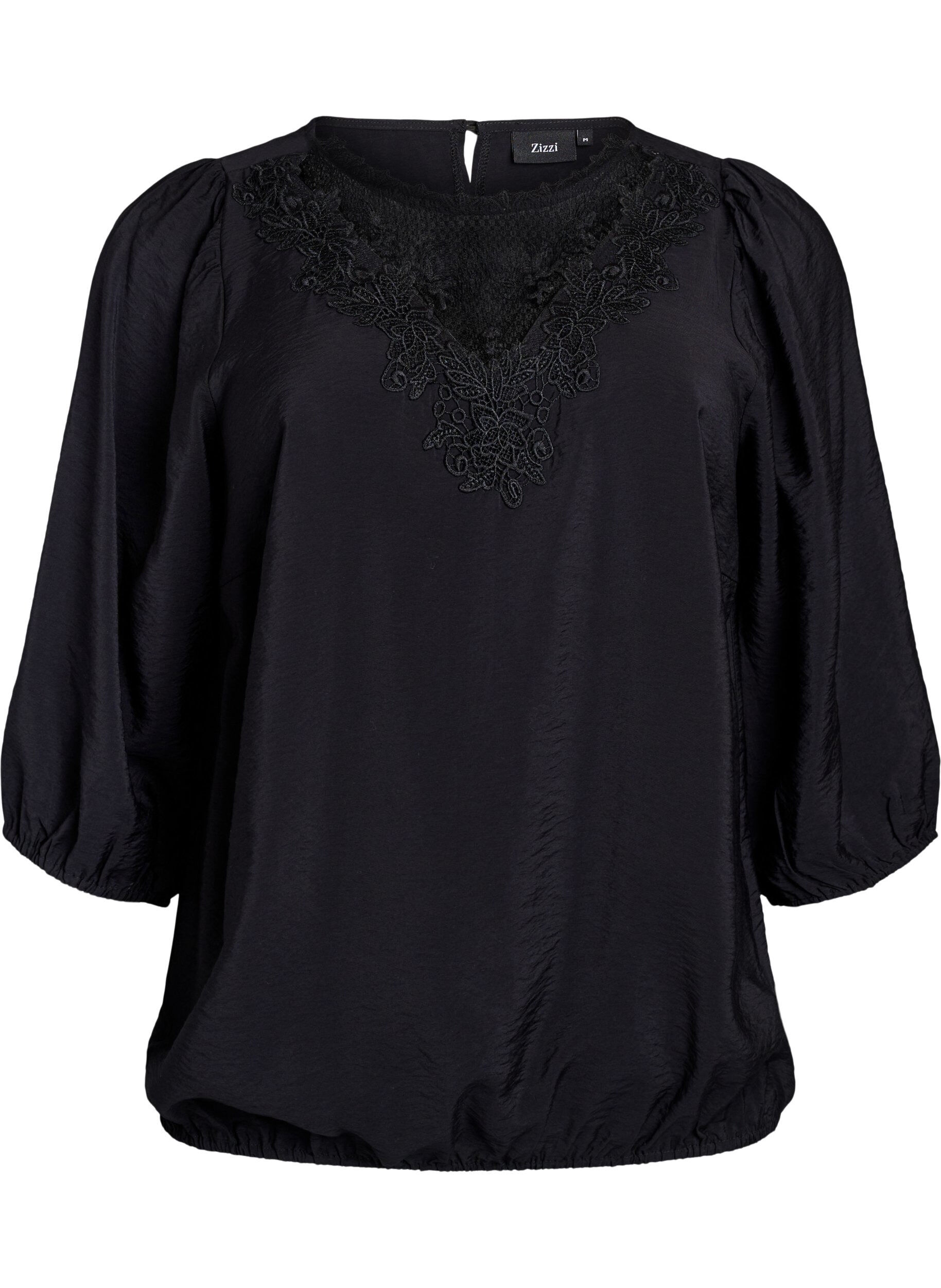 ZizziBluse med 3/4 ermer og blondedetaljer, Svart, Packshot image number 0