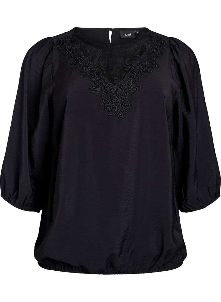 Bluse med 3/4 ermer og blondedetaljer, Svart, Packshot image number 0