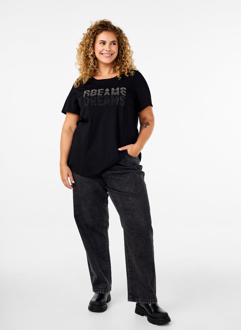 T-skjorte i bomull med rhinestone-motiv, Black w. Dream, Model image number 2
