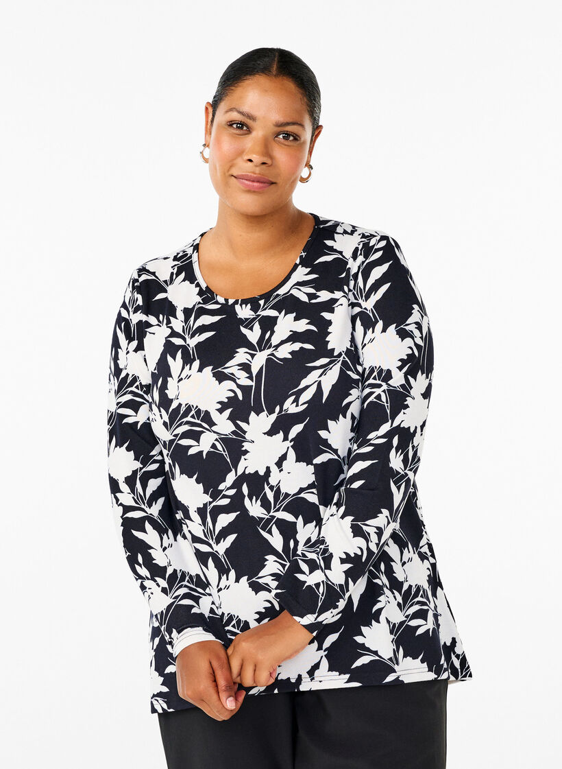 Blomstret bluse med lange ermer, Blå, Model image number 0