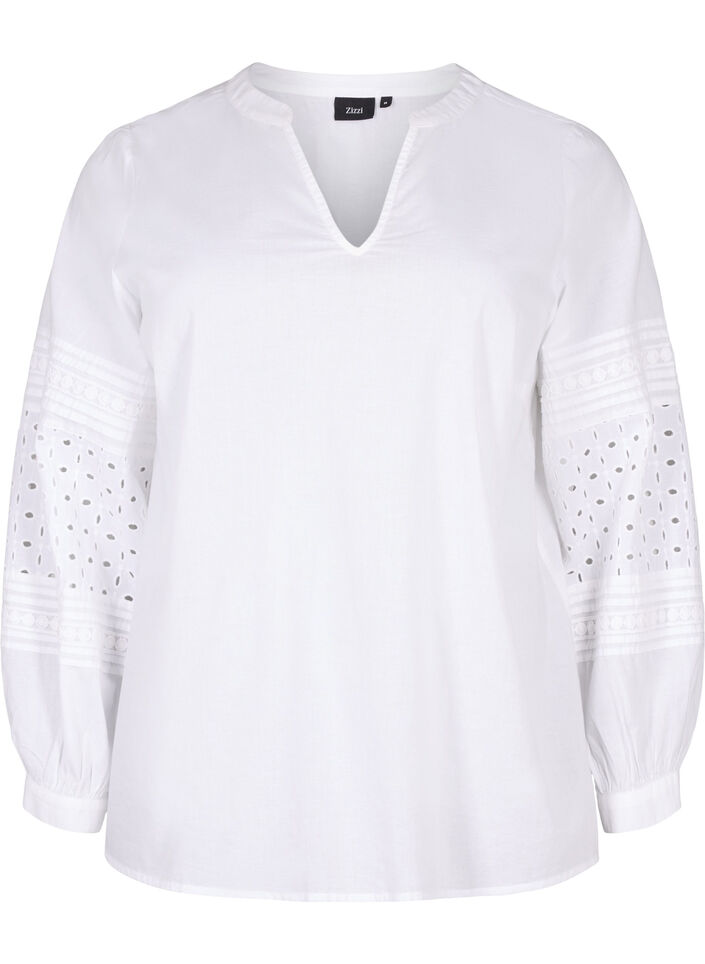Bluse med lange ermer og dekorative detaljer, Bright White, Packshot image number 0