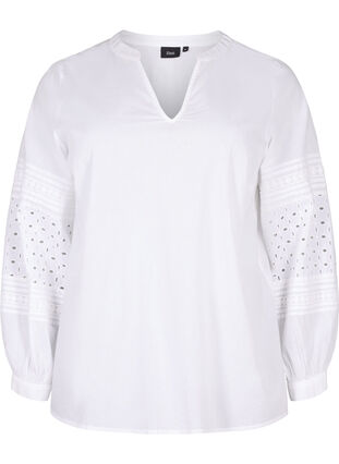 Bluse med lange ermer og dekorative detaljer, Bright White, Packshot image number 0