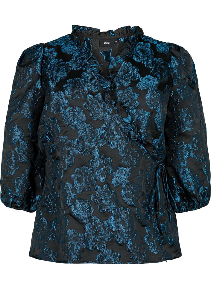 Jacquard-omslagsbluse og 3/4-ermer, Black Blue, Packshot image number 0
