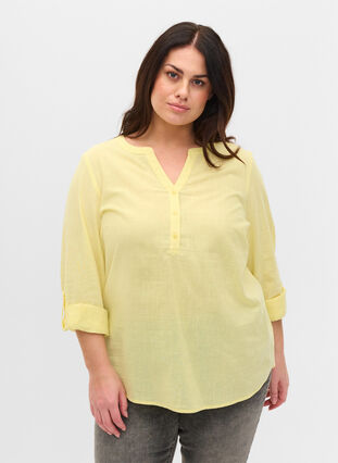 Bomullsbluse med V-hals, Yellow, Model image number 0
