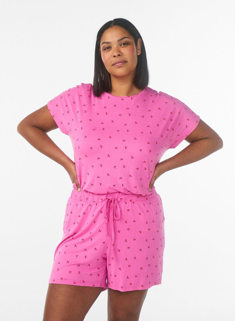 Pyjamas T-skjorte i viskose med heldekkende trykk, Rosa, Model image number 0