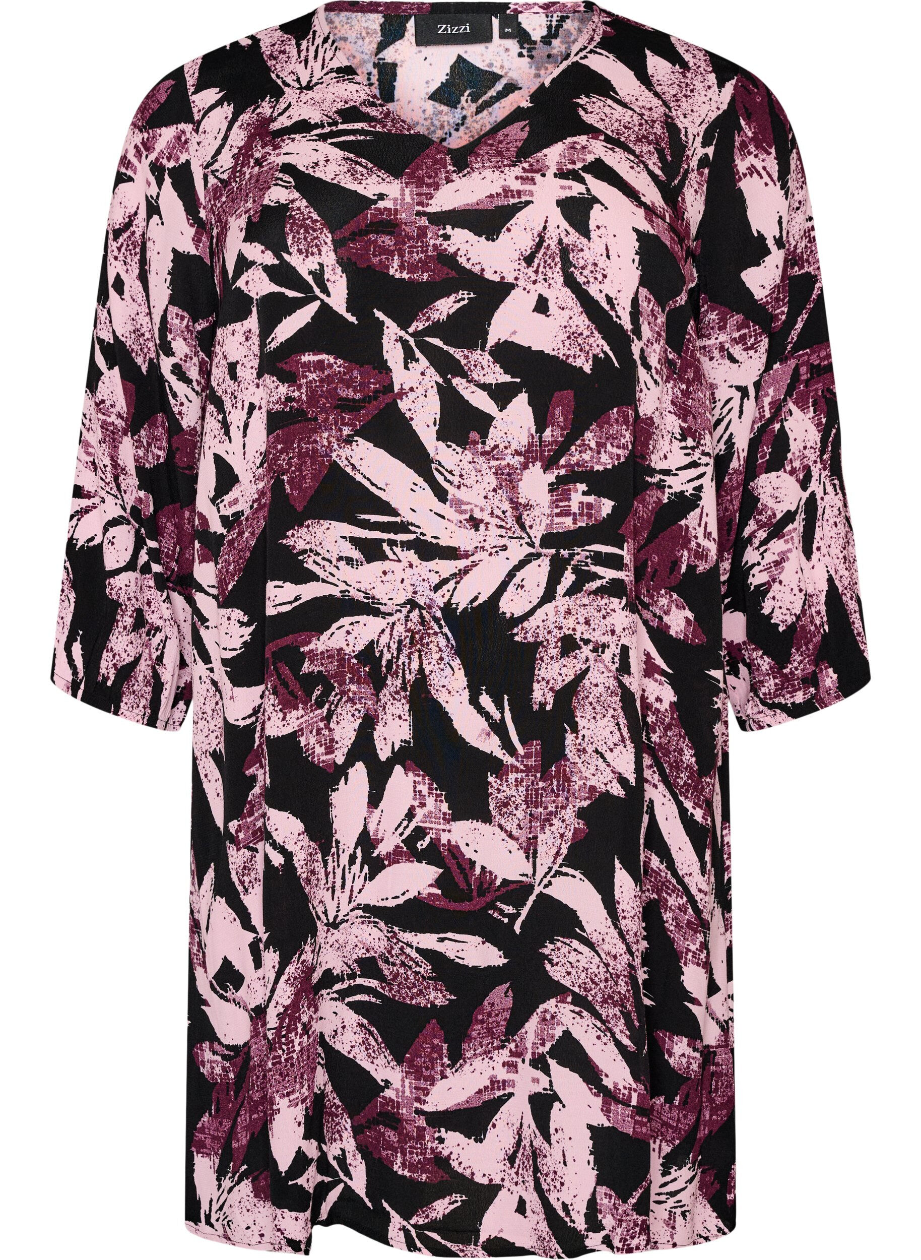 ZizziKort blomstrete kjole i viskose med 3/4 ermer, Svart, Packshot image number 0