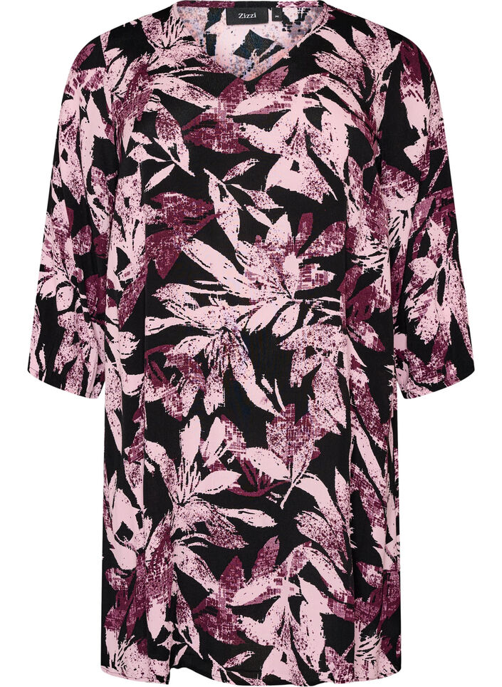 Kort blomstrete kjole i viskose med 3/4 ermer, Svart, Packshot image number 0