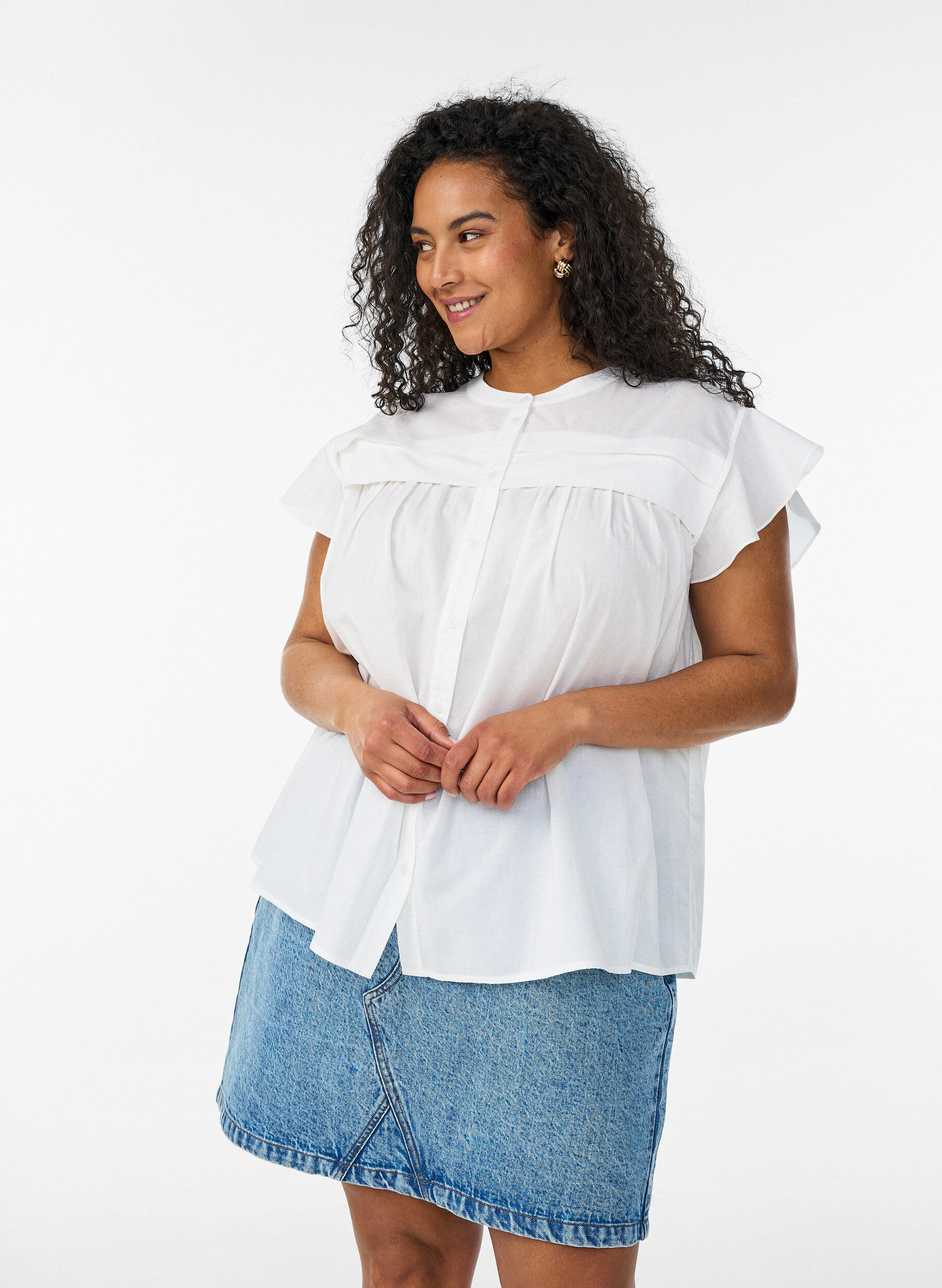Ermel&oslash;s A-linje bomullsskjorte bluse, Hvit, Model