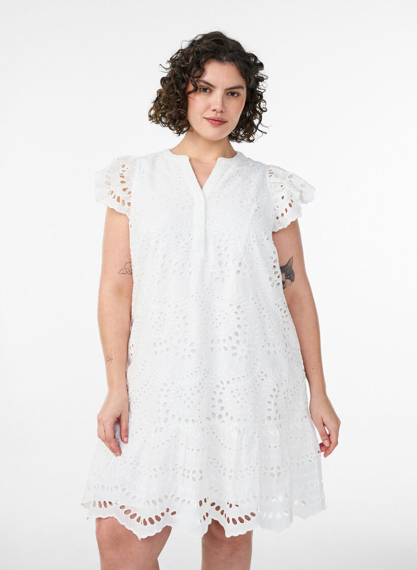 Kjole med broderie anglaise og volangermer, Hvit, Model image number 0