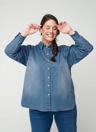Denimskjorte med puffermer, Blue denim, Model image number 2