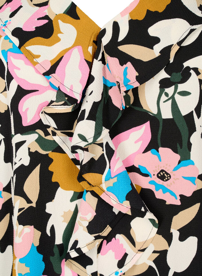 Mønstret bluse med volanger, Black Multi Flower, Packshot image number 2