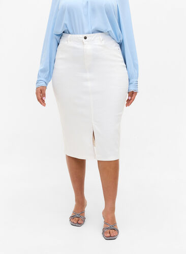 Midiskjørt i denim med en splitt foran, White, Model image number 2