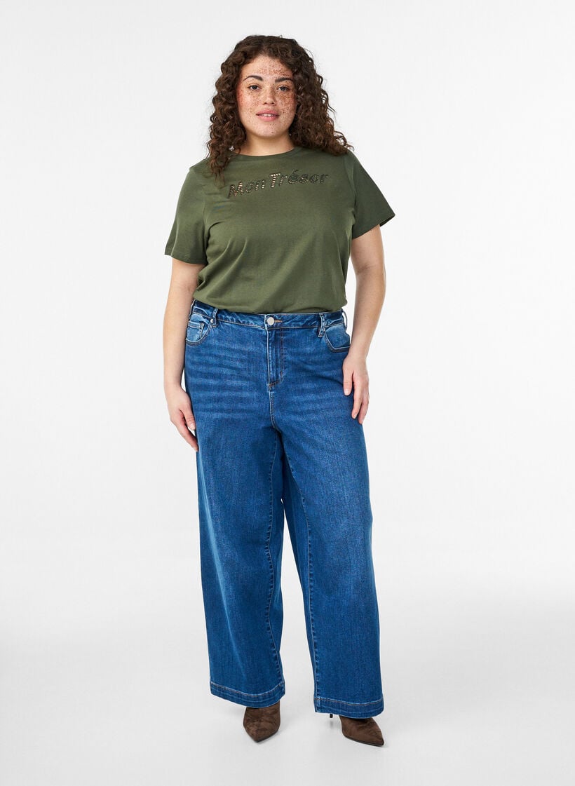 Bomulls T-skjorte med dekorativ detalj foran, Gr&oslash;nn, Model image number 1