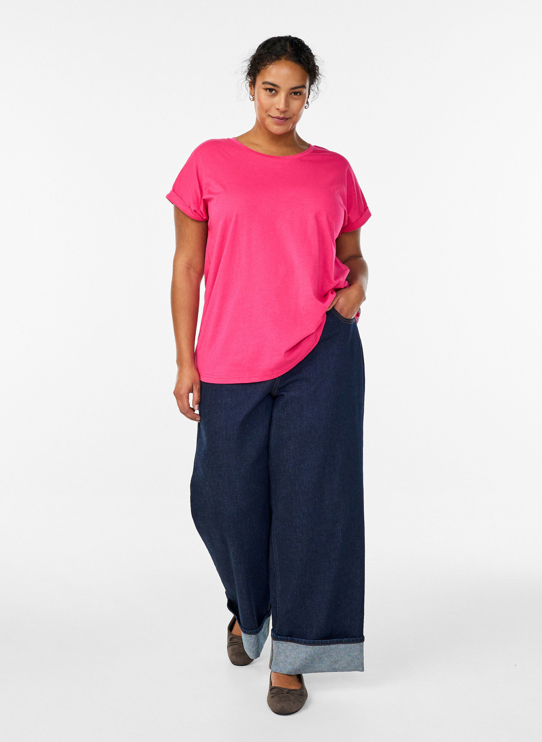 Zizzi Kortermet t-skjorte i en bomullsblanding, Rosa, Model image number 1