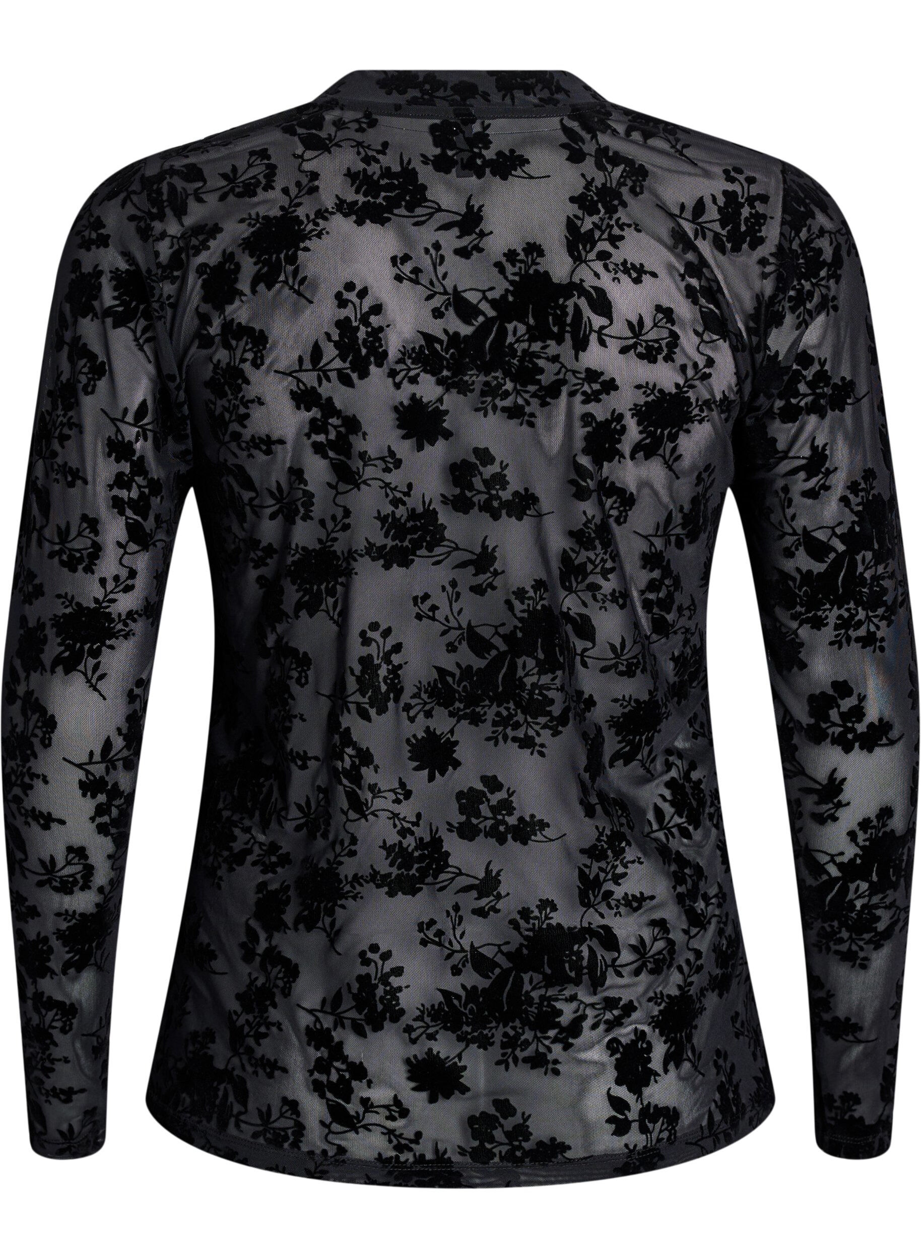 ZizziBluse i mesh med blomstertrykk, Svart, Packshot image number 1