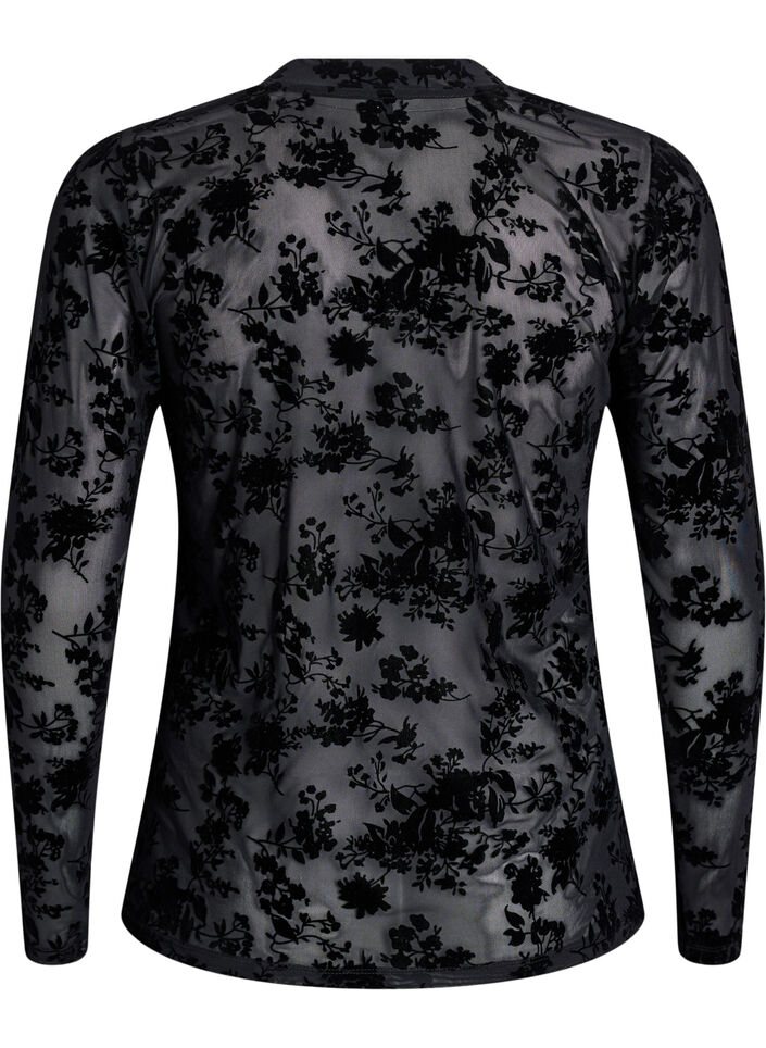 Bluse i mesh med blomstertrykk, Svart, Packshot image number 1