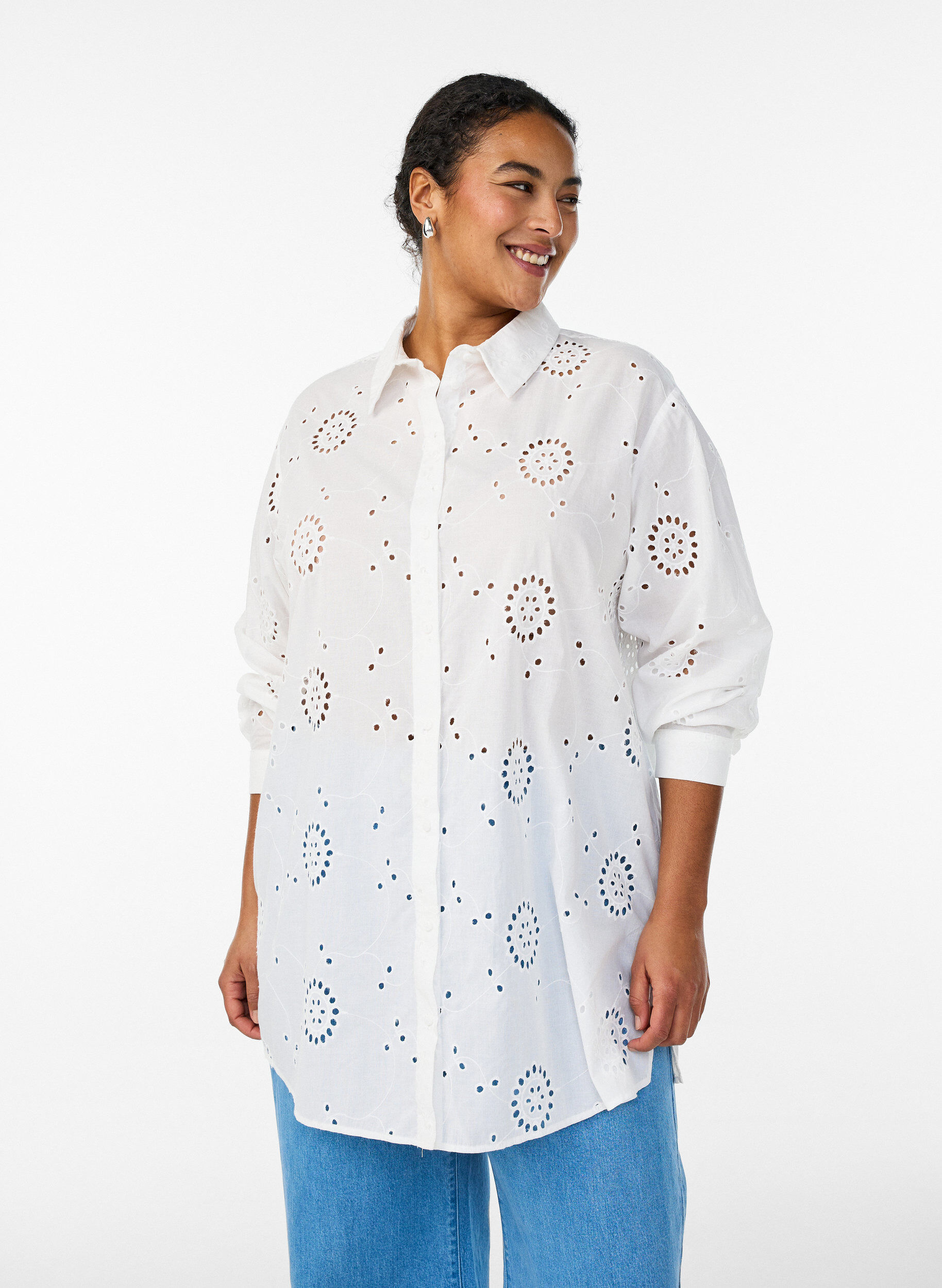 Bomullstunika med broderi anglaise, Hvit, Model