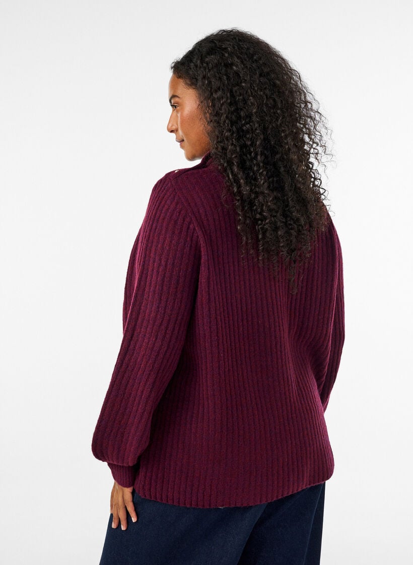 Ribbestrikket genser med puffede ermer og knapper, M&oslash;rk Bordeaux, Model image number 2
