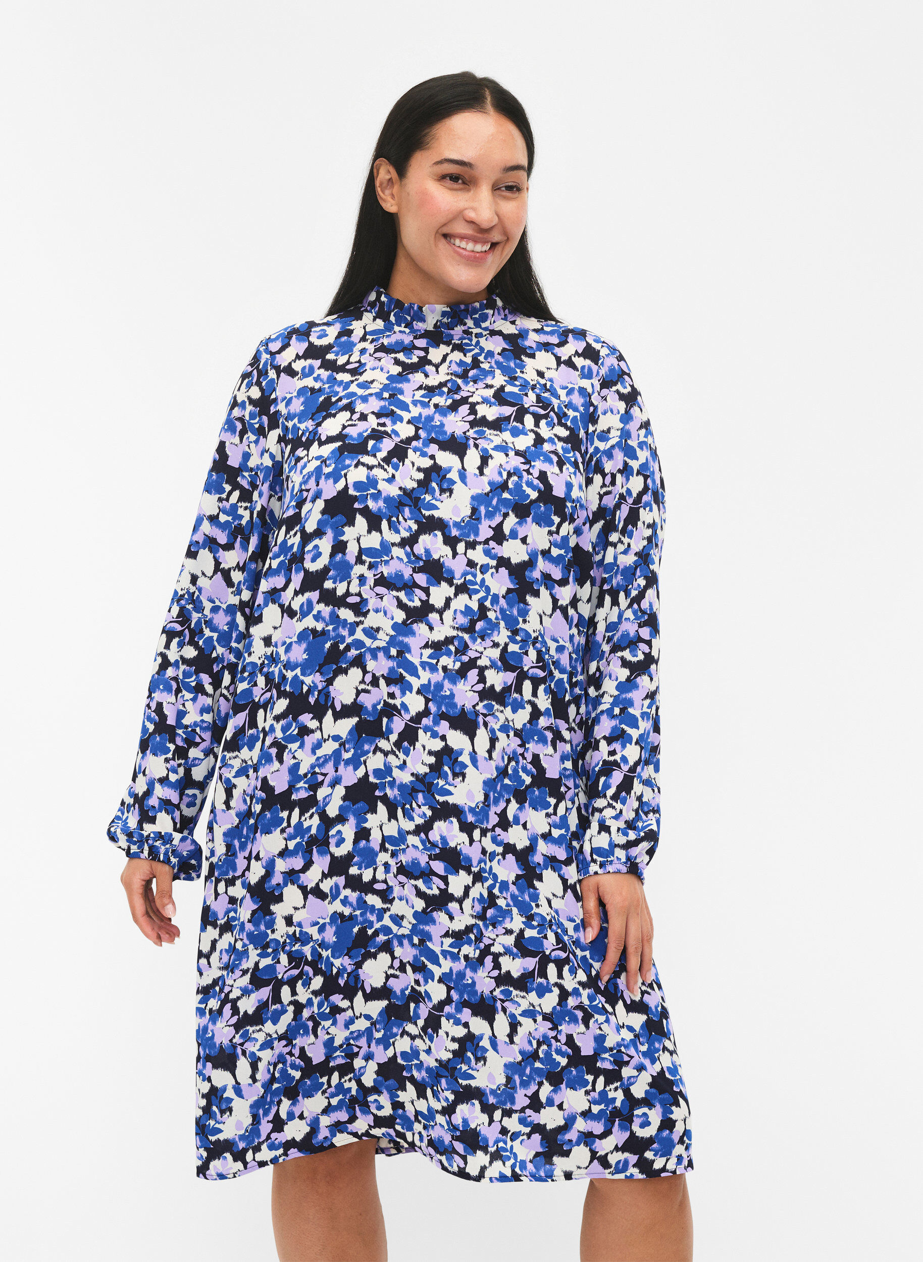 Zizzi FLASH &ndash; Langermet kjole med trykk, Blue Purple Flower, Model image number 0