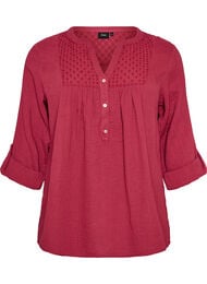 Bluse i bomullsmuslin med broderie anglaise, R&oslash;d