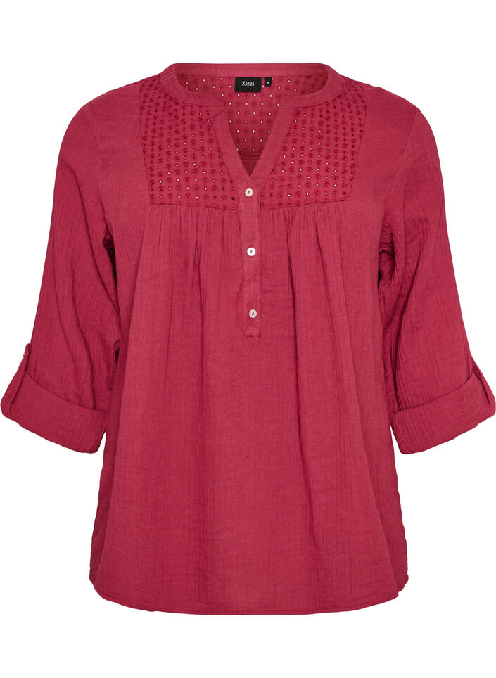 Bluse i bomullsmuslin med broderie anglaise, R&oslash;d, Packshot image number 0