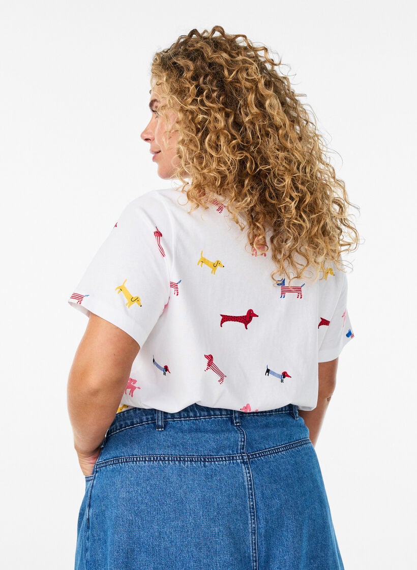 Bomulls T-skjorte med hundetrykk, Hvit, Model image number 2
