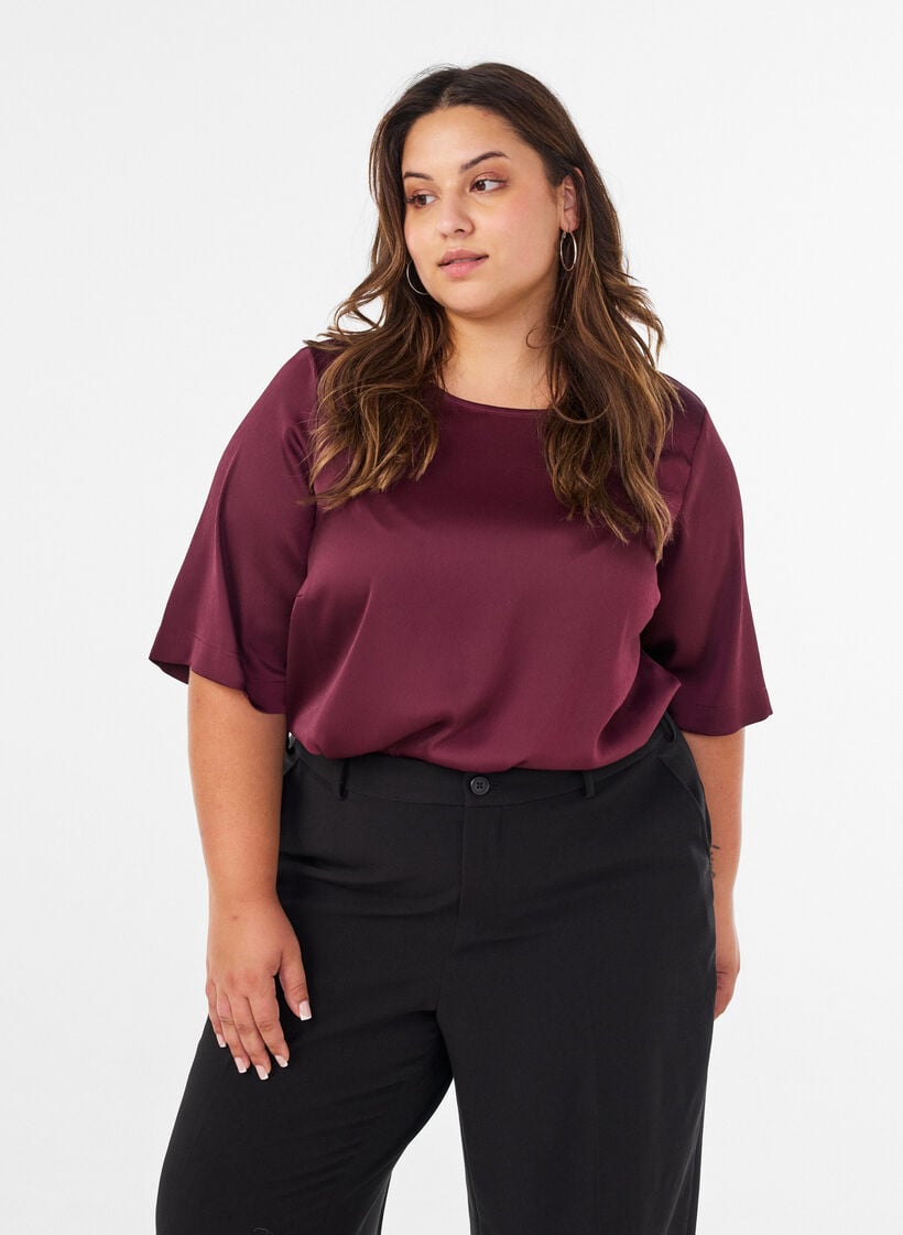 Satengbluse med albuelange ermer, R&oslash;d, Model image number 0