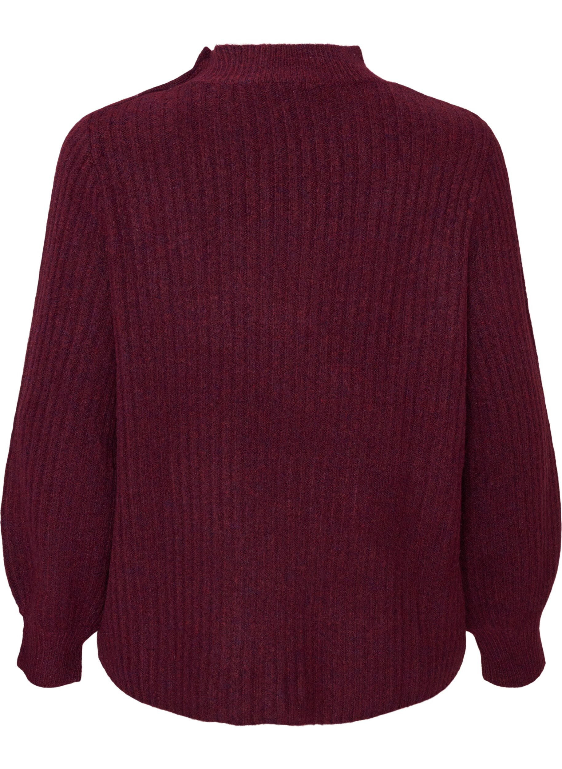 ZizziRibbestrikket genser med puffede ermer og knapper, M&oslash;rk Bordeaux, Packshot image number 1